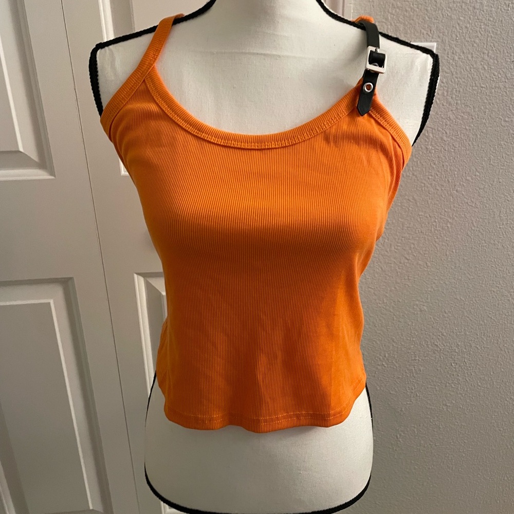 SHEIN Vibrant Orange Ribbed One-Shoulder Tank with Buckle Strap